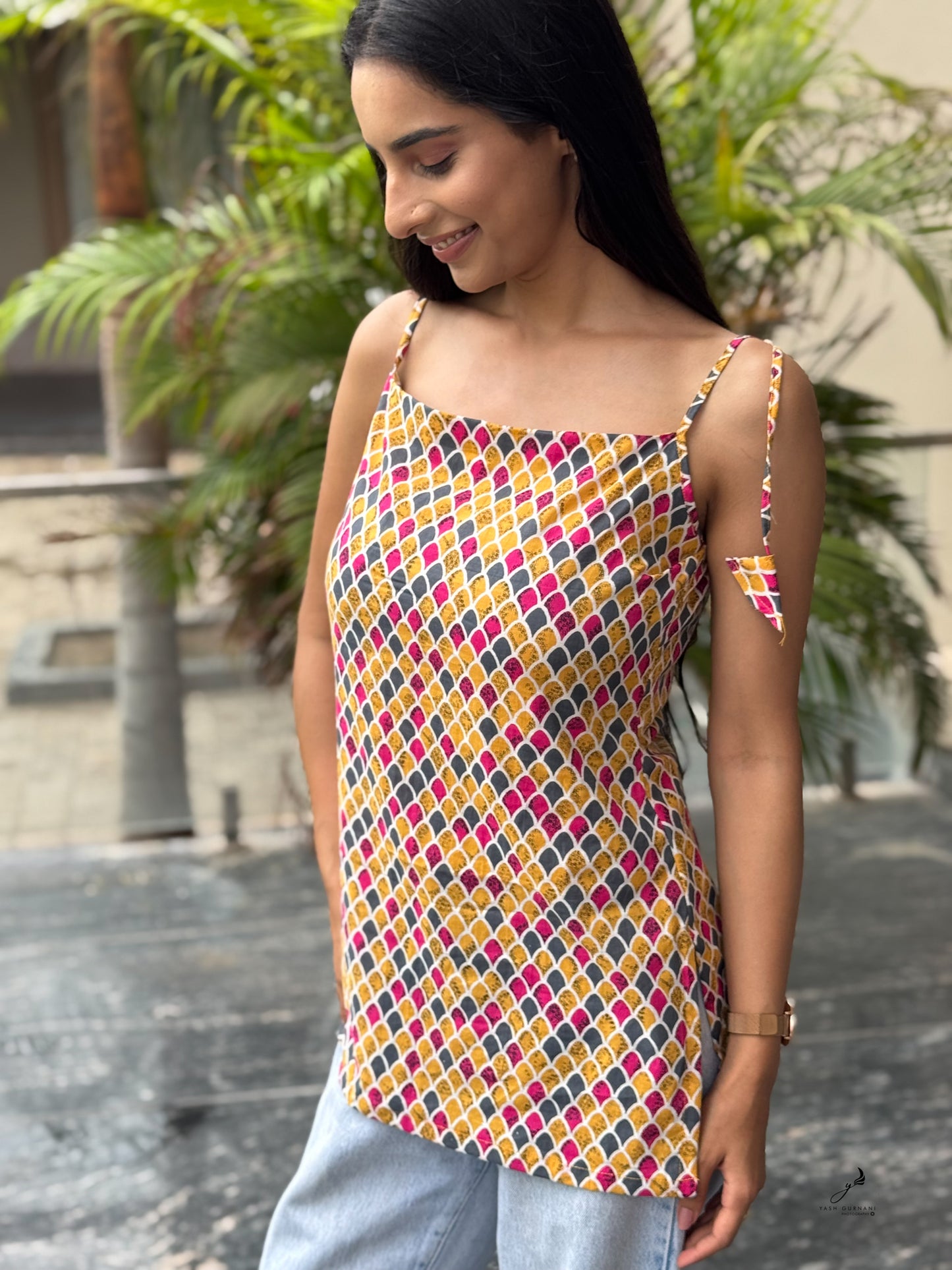 BHAVANTI COTTON YELLLOW NOODLE STRAP SHORT KURTI