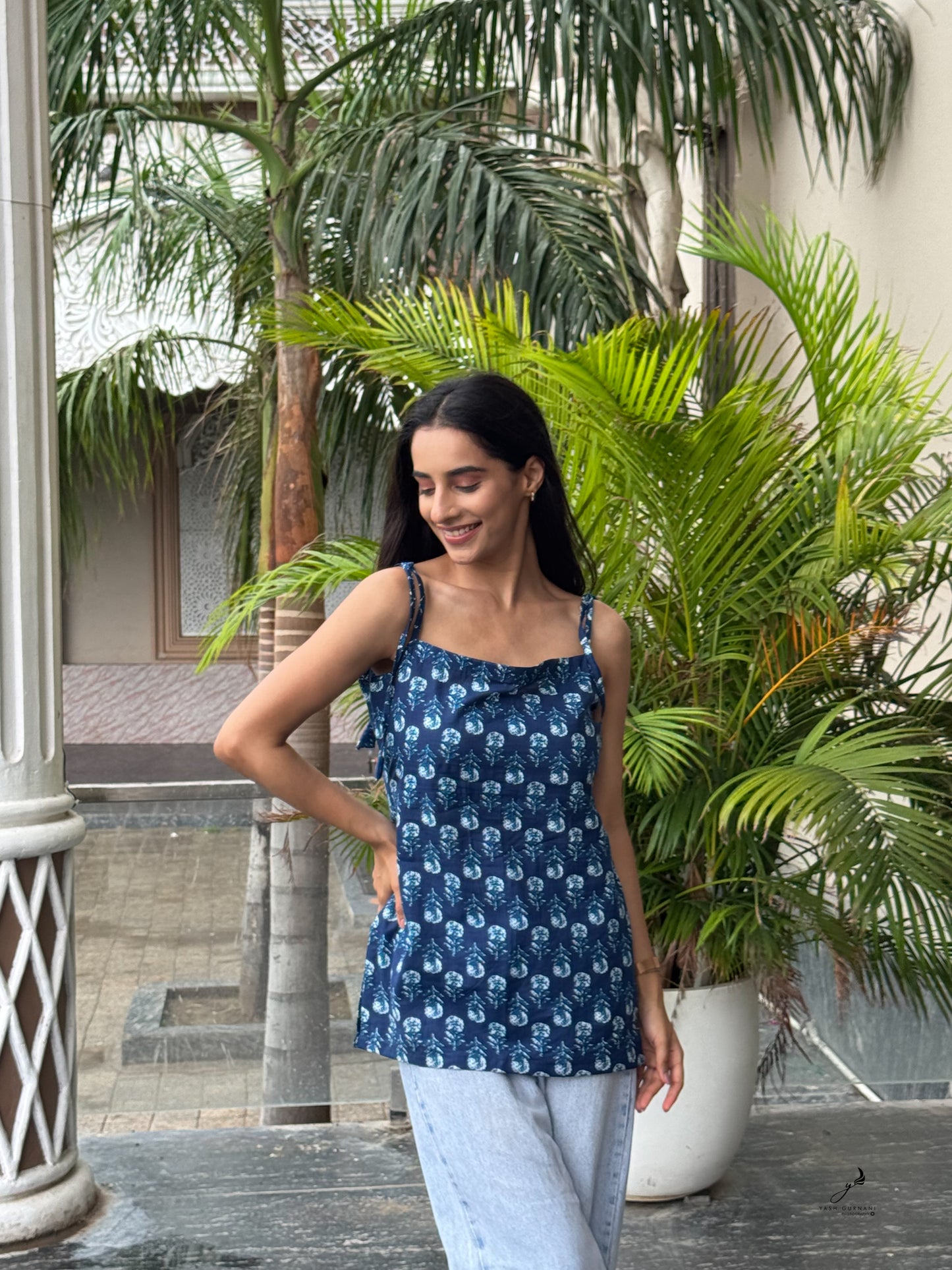 TARUNIKA INDIGO BLUE COTTON FLOWER NOODLE STRAP SHORT KURTI
