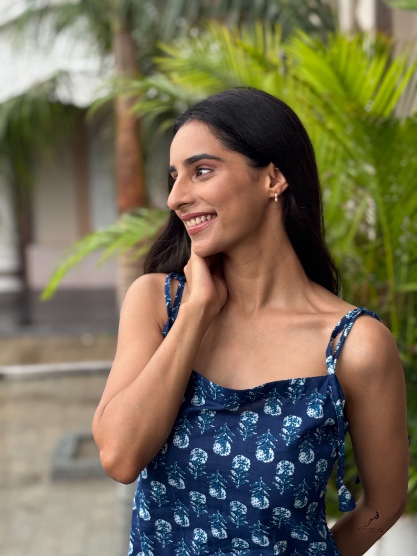 TARUNIKA INDIGO BLUE COTTON FLOWER NOODLE STRAP SHORT KURTI
