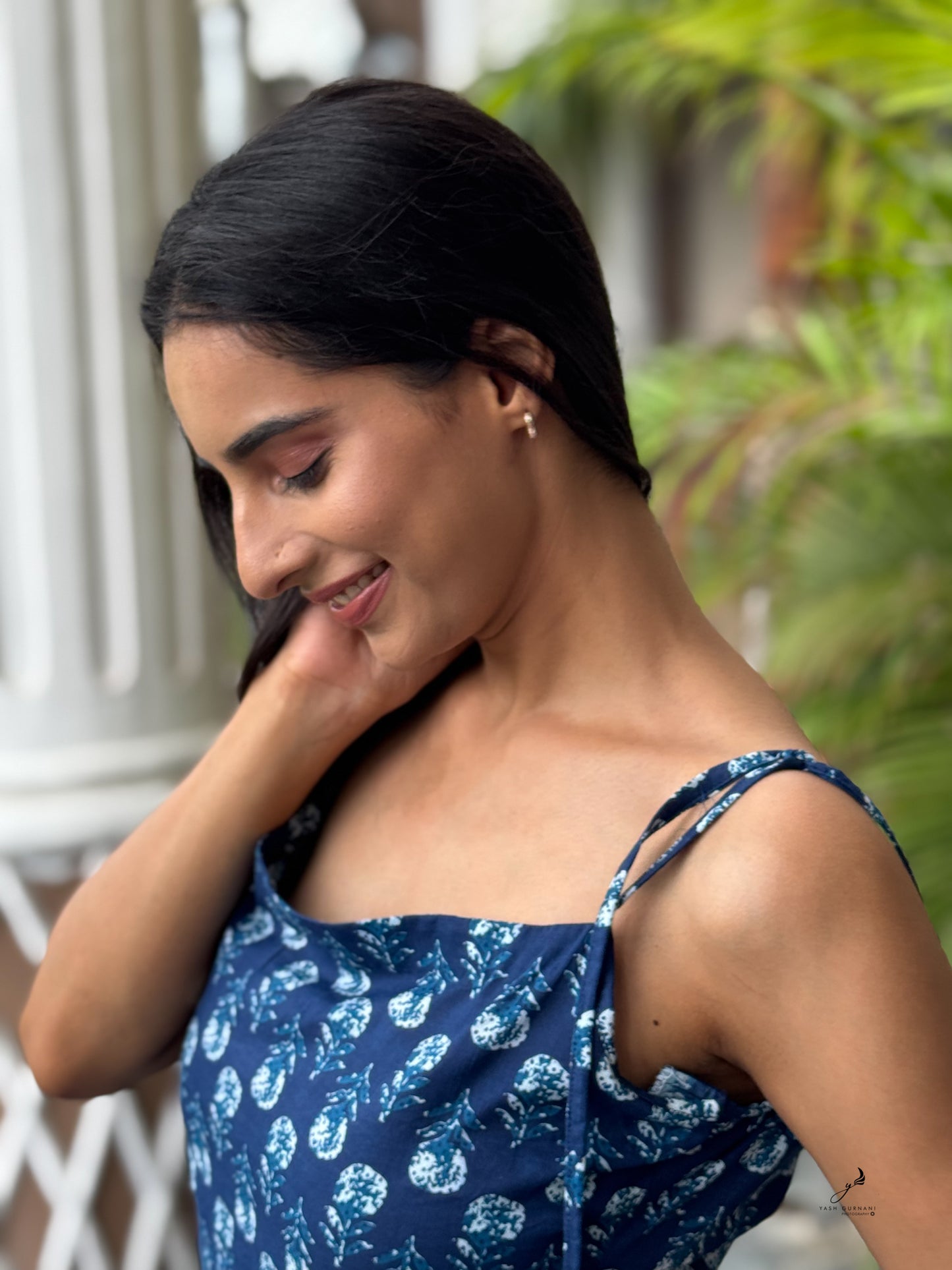TARUNIKA INDIGO BLUE COTTON FLOWER NOODLE STRAP SHORT KURTI