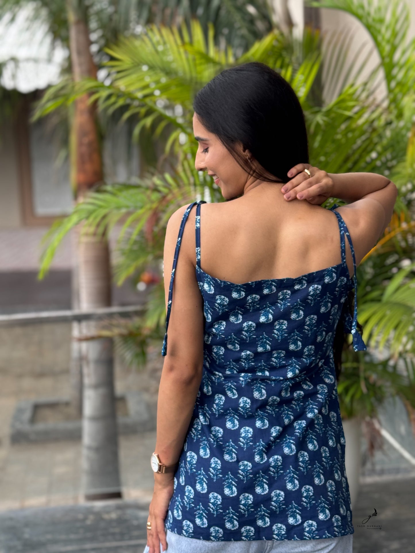 TARUNIKA INDIGO BLUE COTTON FLOWER NOODLE STRAP SHORT KURTI