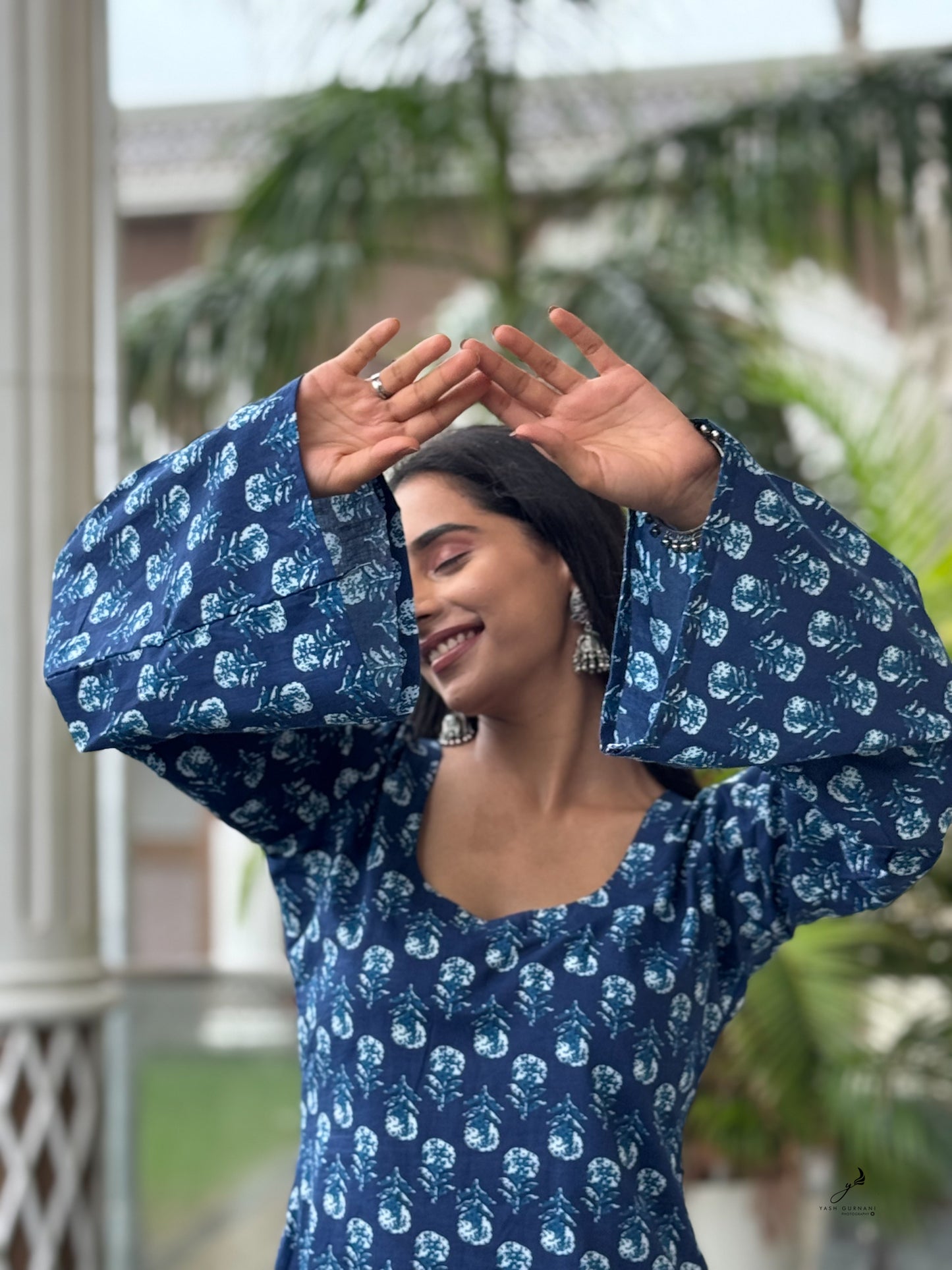 PRANVITA INDIGO BLUE COTTON BELL SLEEVES SHORT KURTI
