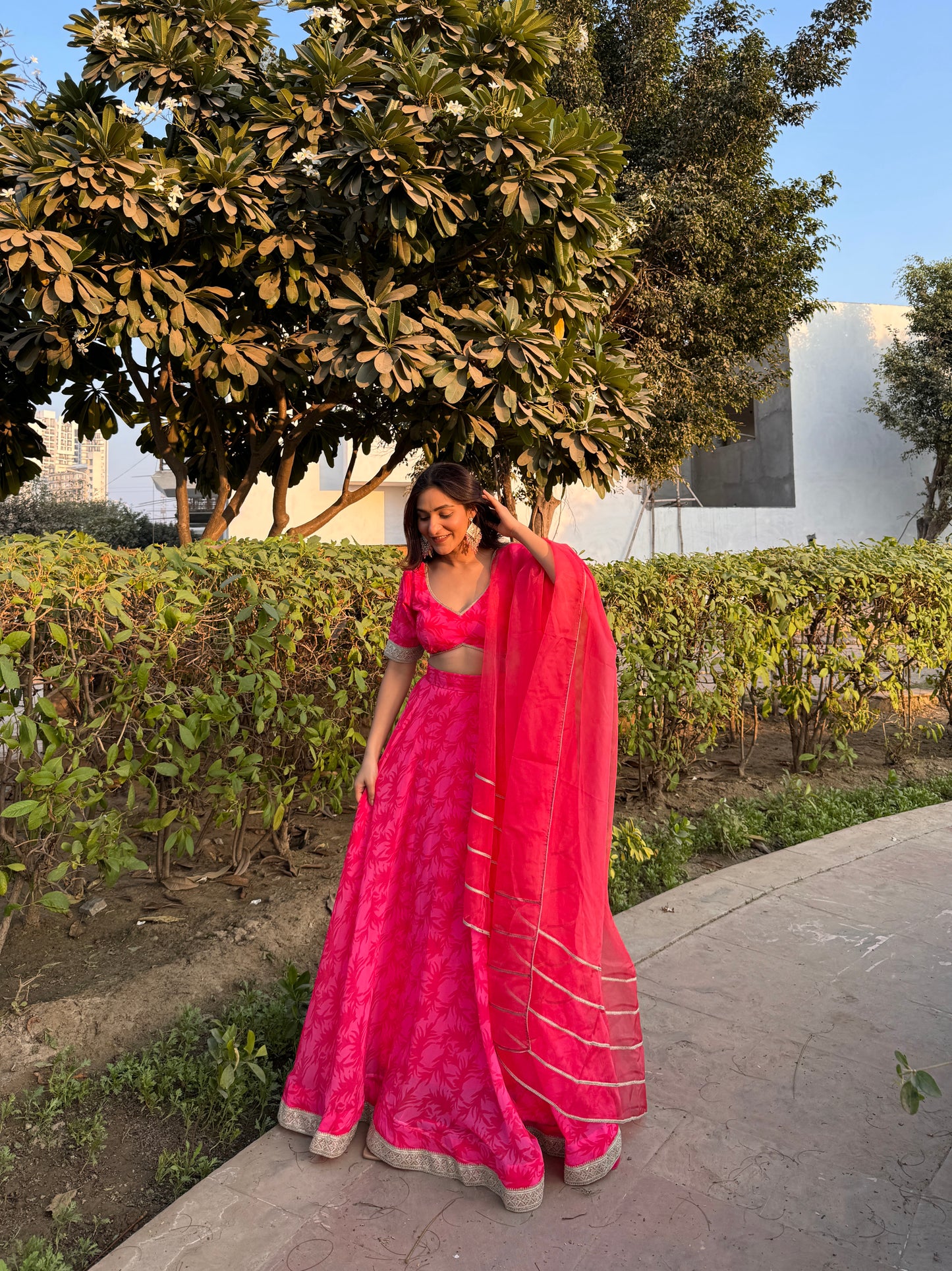 NEHA PINK FLORAL PRINTED DETAILED LEHENGA SET Deasha India