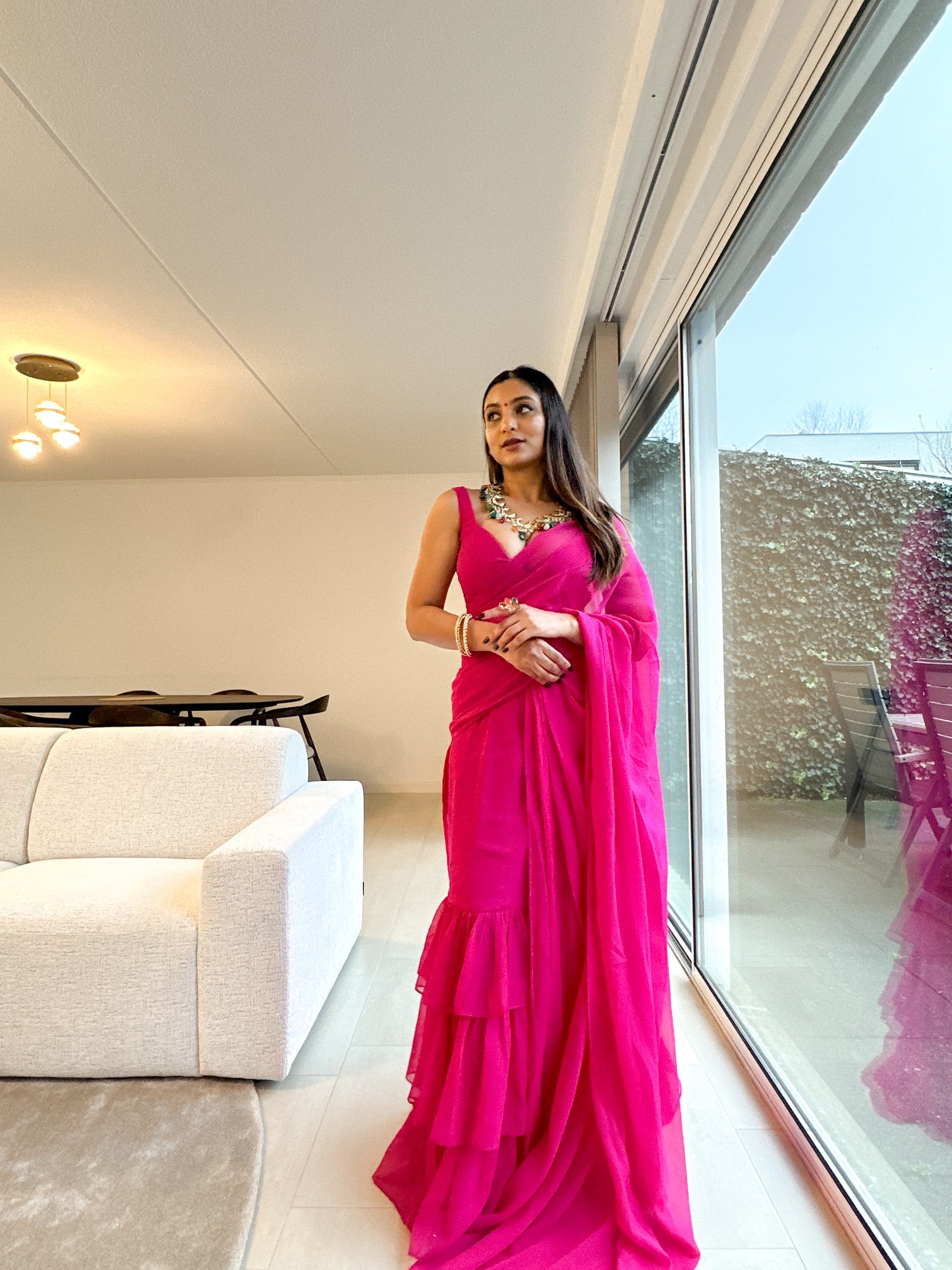 URVIKA MAGENTA PINK RUFFLE SAREE Deasha India