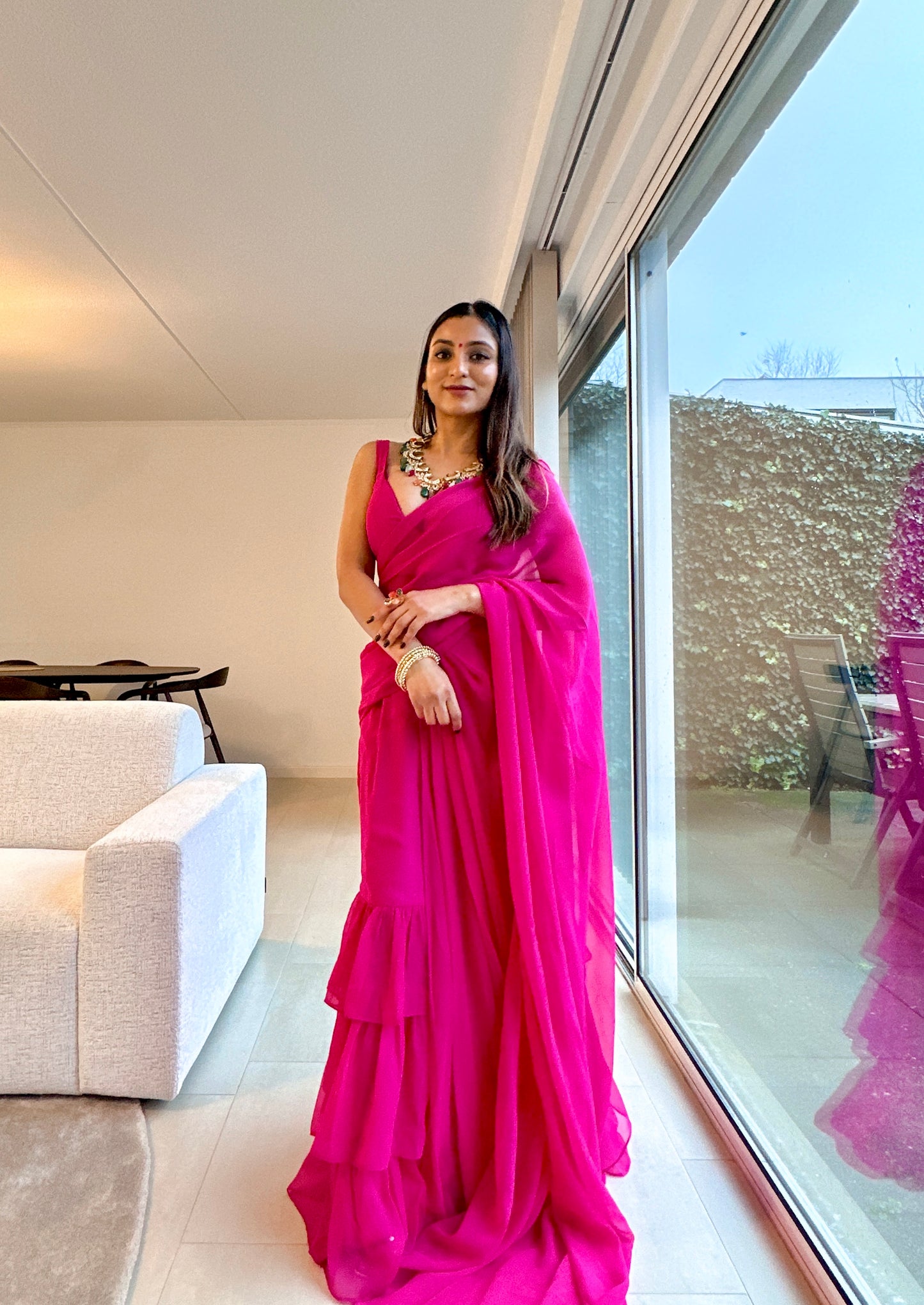 URVIKA MAGENTA PINK RUFFLE SAREE Deasha India