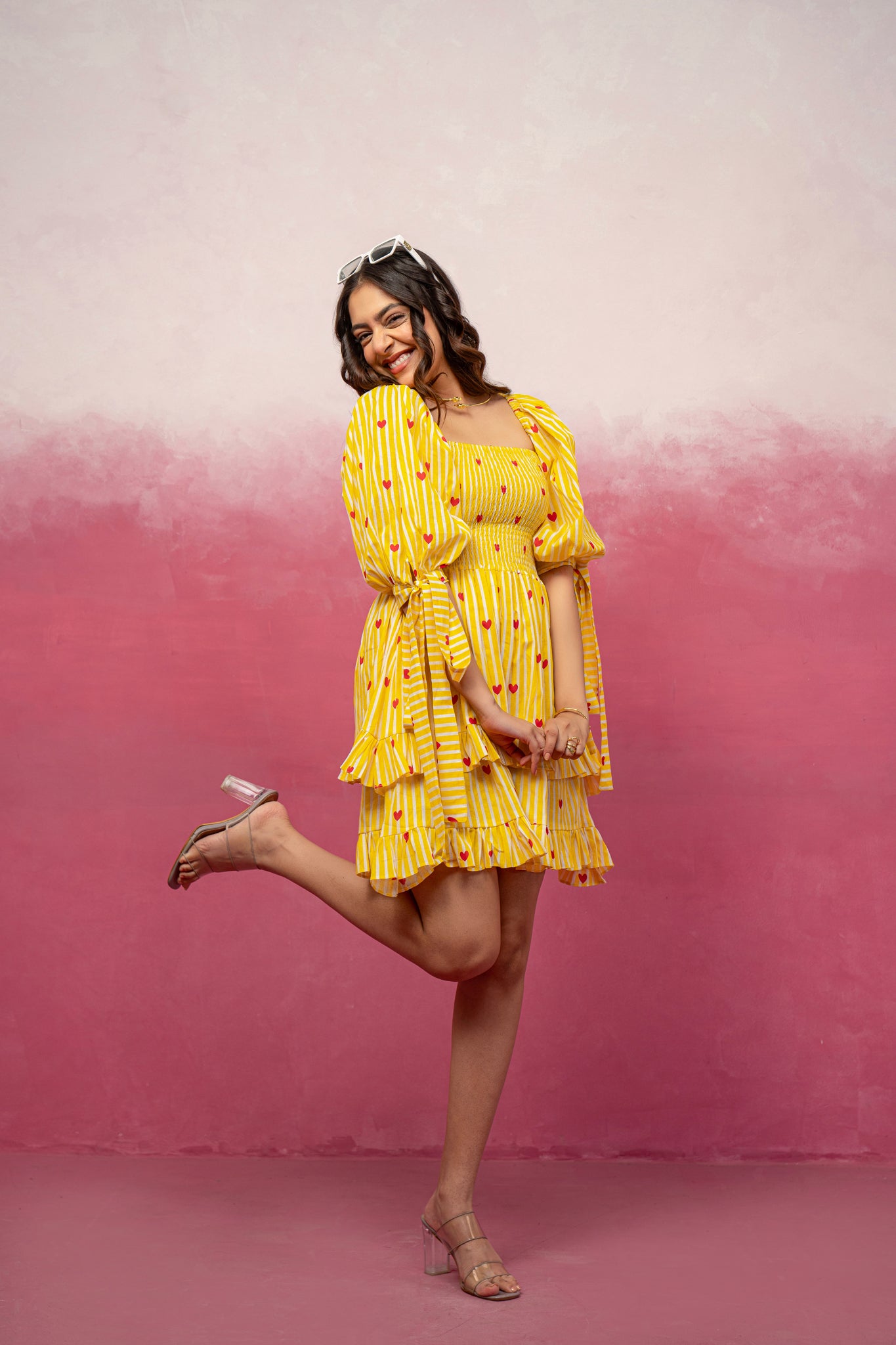ARVYA YELLOW PRINTED SHORT RUFFLED DRESS