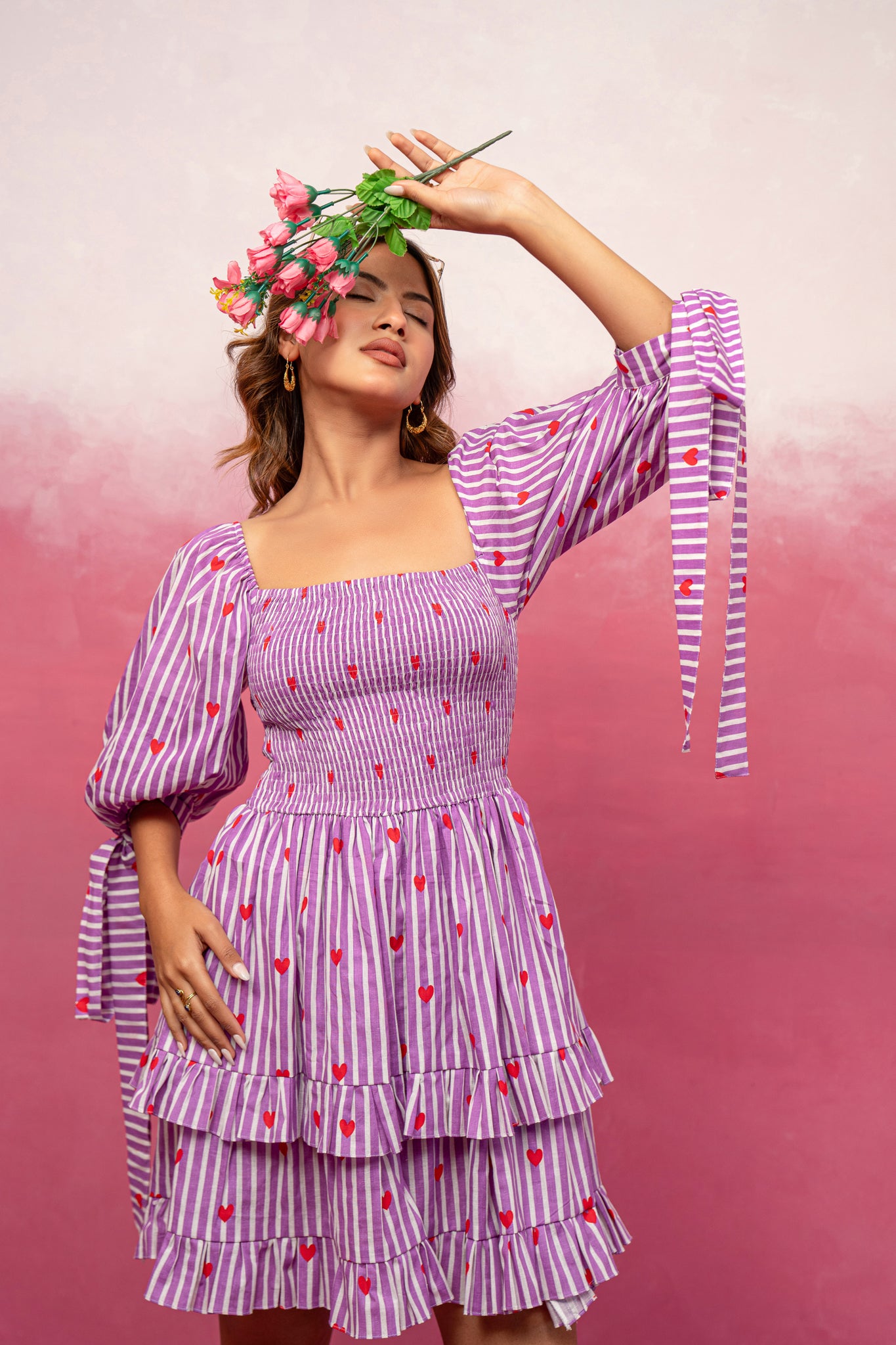 VISHA PURPLE PRINTED SHORT RUFFLED DRESS