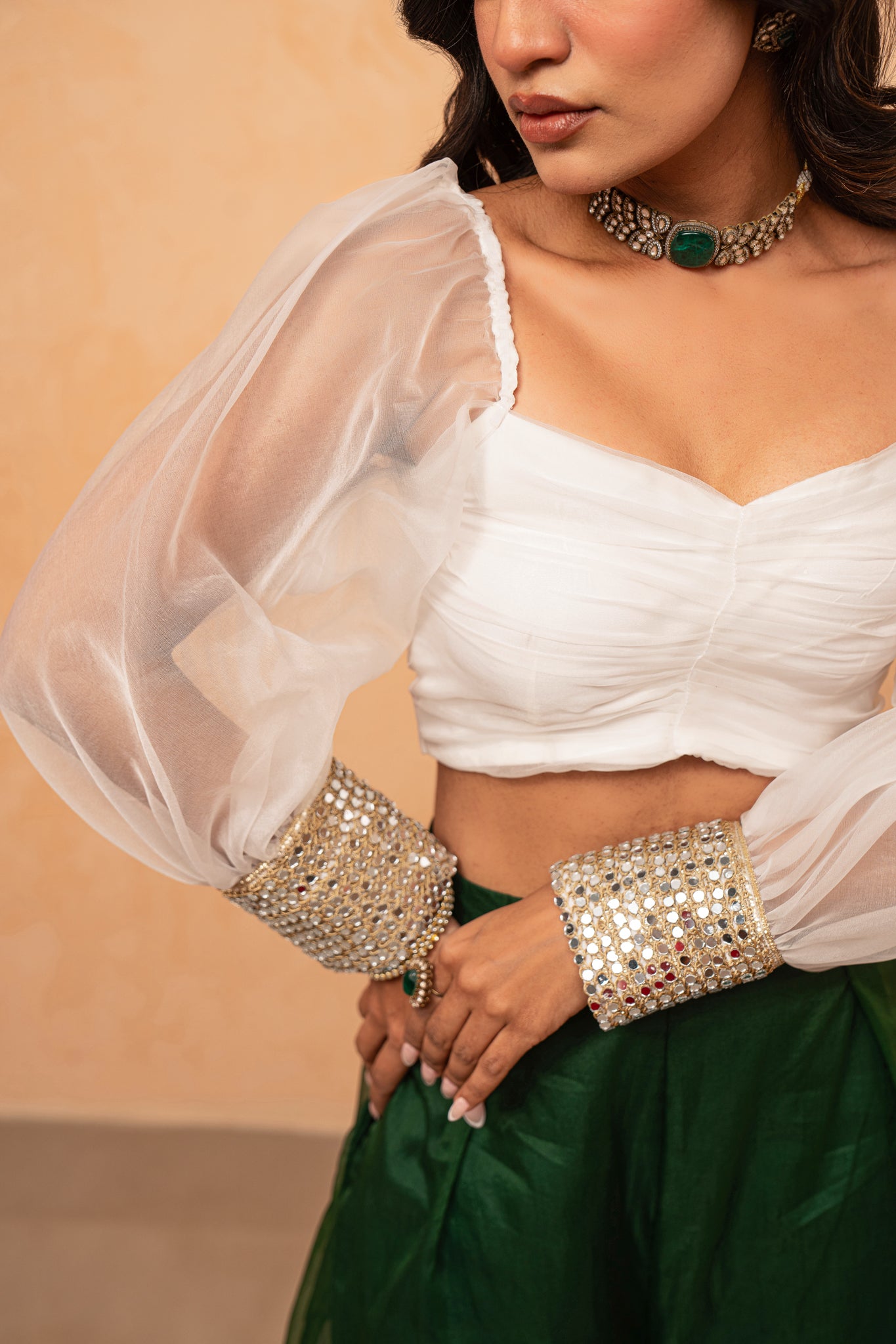 TAHIRA WHITE-GREEN MIRROR-WORK LACE PALAZZO SET