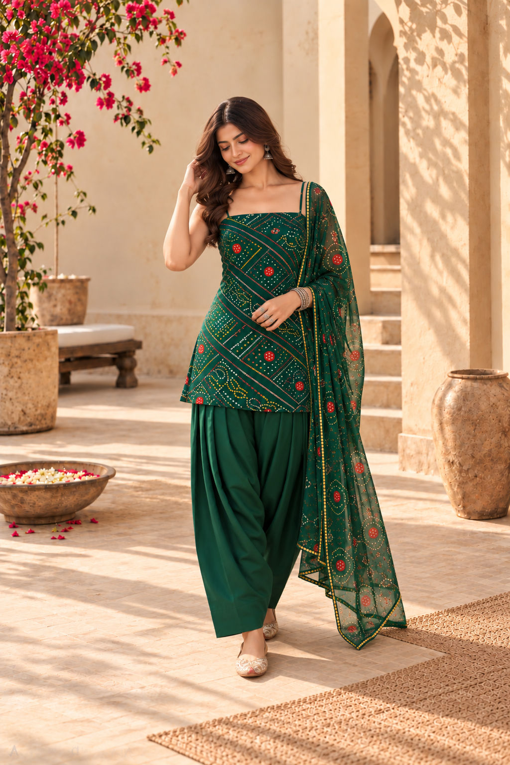 SNEHI GREEN BANDHEJ FARSHI SET
