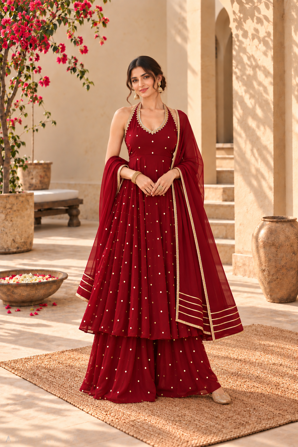 AASTHA MAROON HALTER NECK ANARKALI SET