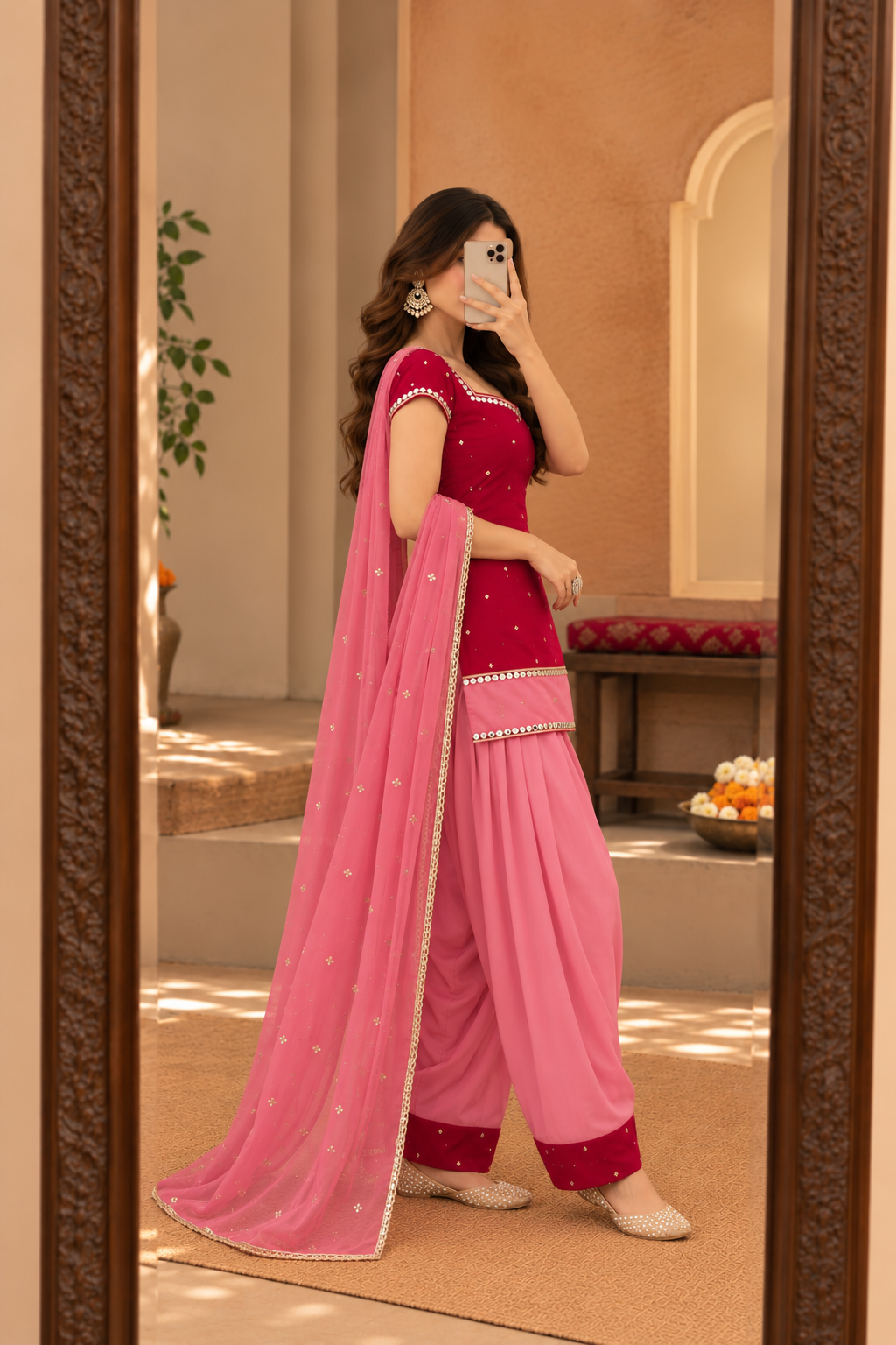 DEEPALI RUBY RED AND PINK COLOR BLOCK FARSHI SET