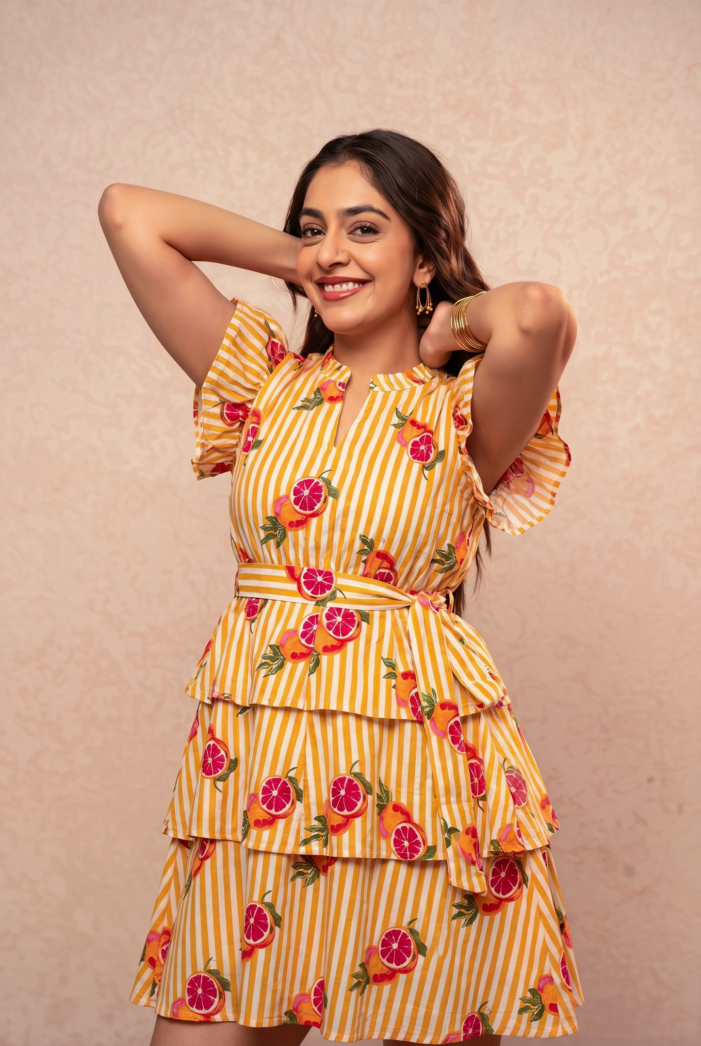 AVERY YELLOW STRIPED PRINTED RUFFLE SHORT DRESS