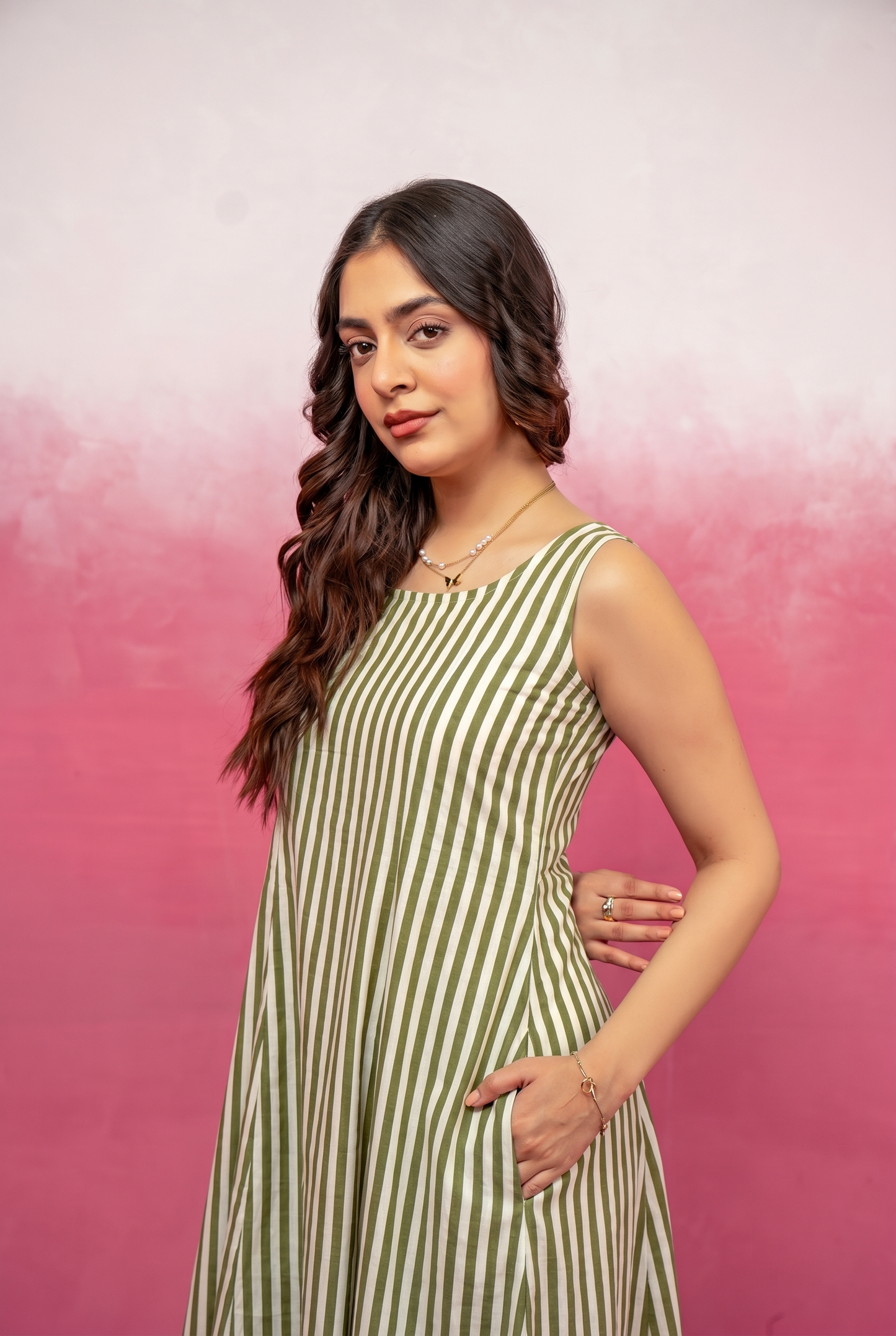 JOSIE GREEN STRIPED MIDI A-LINE DRESS