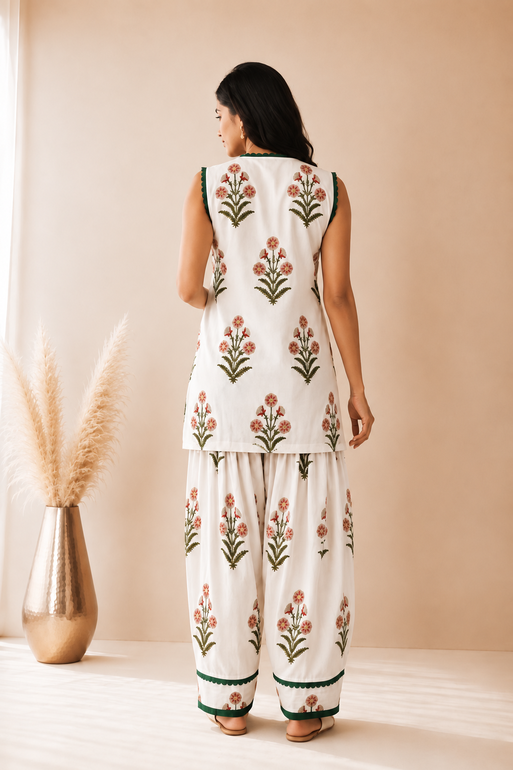 EHSARA WHITE BLOCK PRINTED FARSHI SET