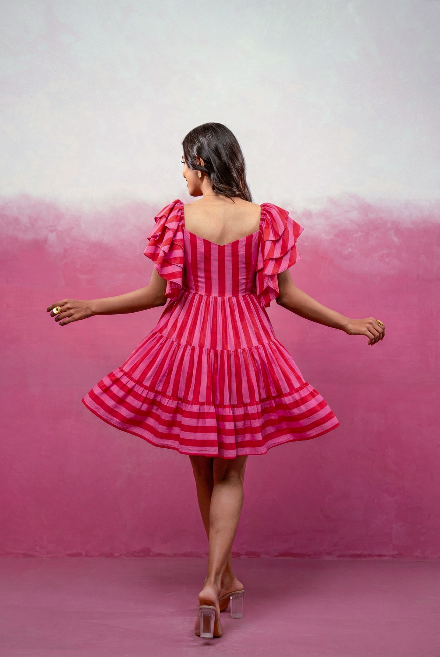 REMI RED-PINK STRIPED SHORT DRESS