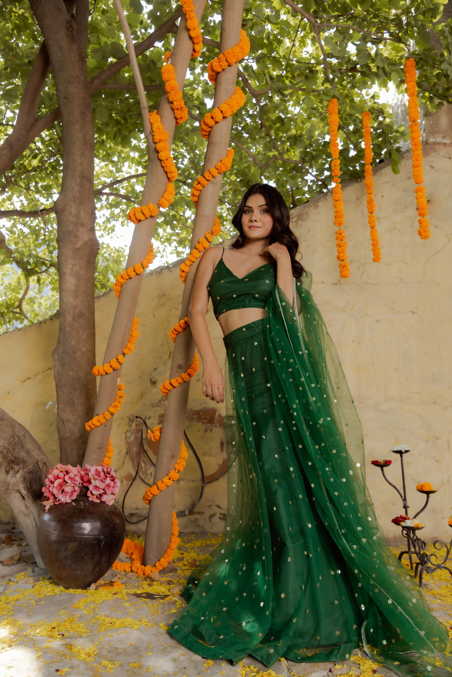 HEENA GREEN NET EMBROIDERED LEHENGA SET Deasha India