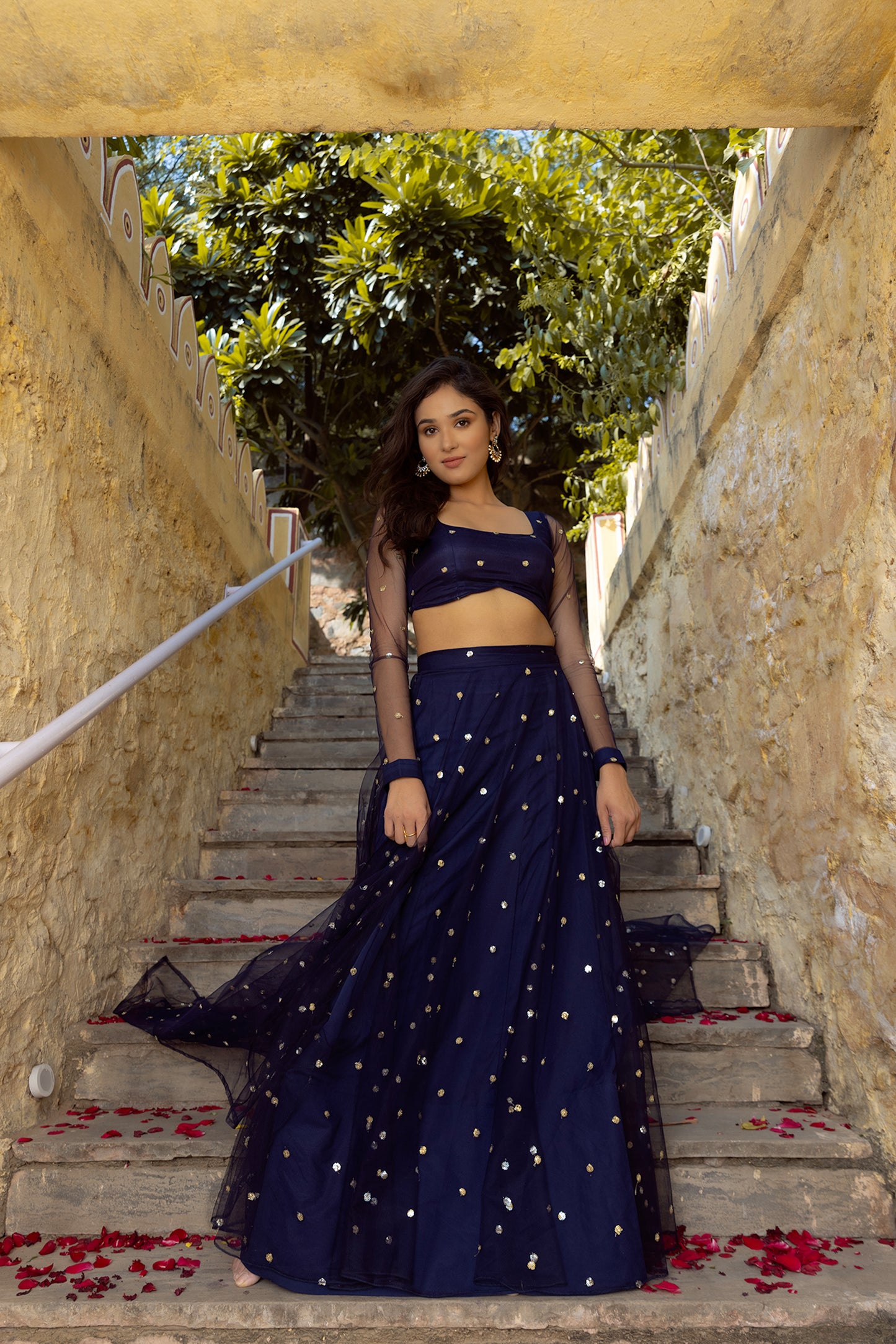 AAINA NAVY BLUE EMBROIDERED NET LEHENGA Deasha India