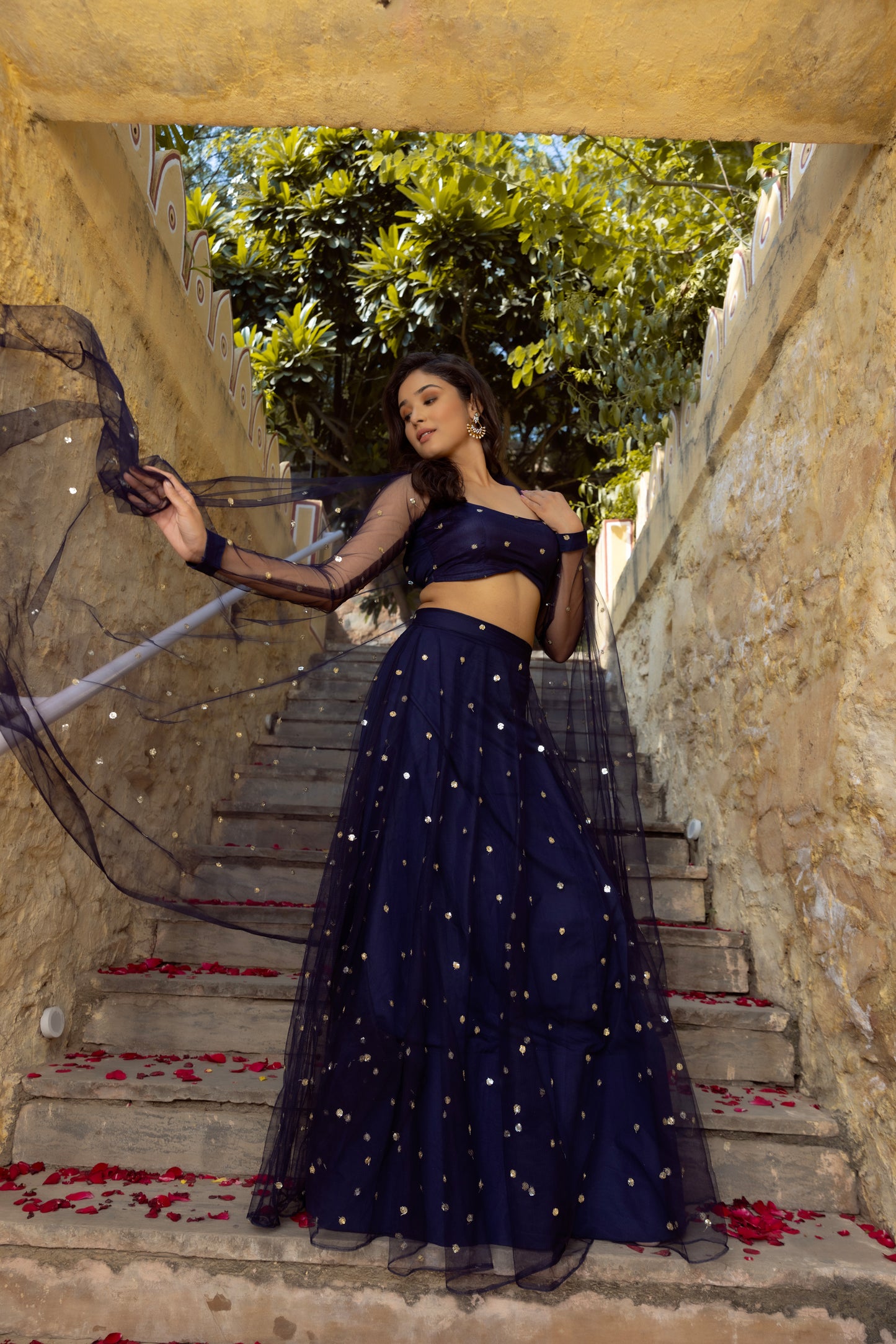 AAINA NAVY BLUE EMBROIDERED NET LEHENGA Deasha India