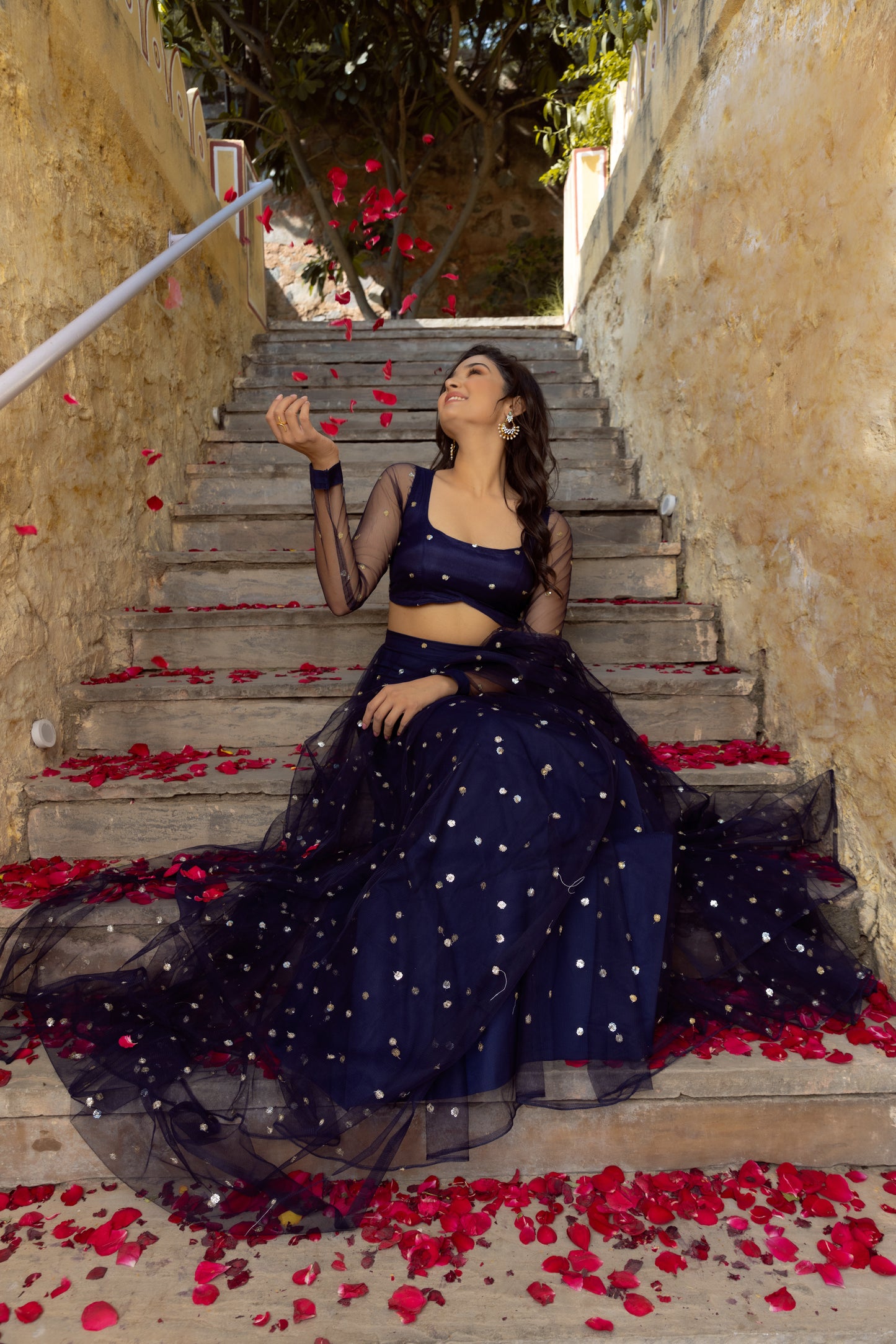 AAINA NAVY BLUE EMBROIDERED NET LEHENGA Deasha India