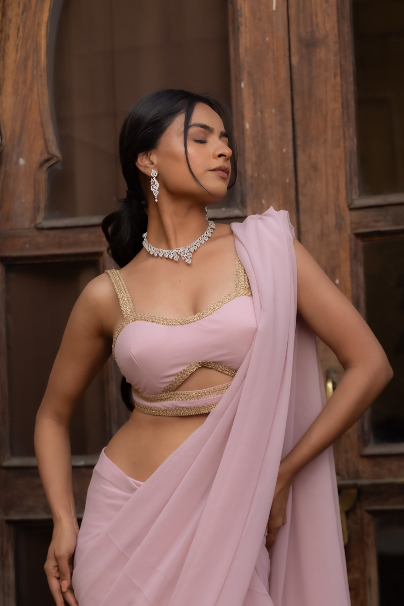 SHARIA OYSTER EMBELLISHED DRAPED SAREE Deasha India