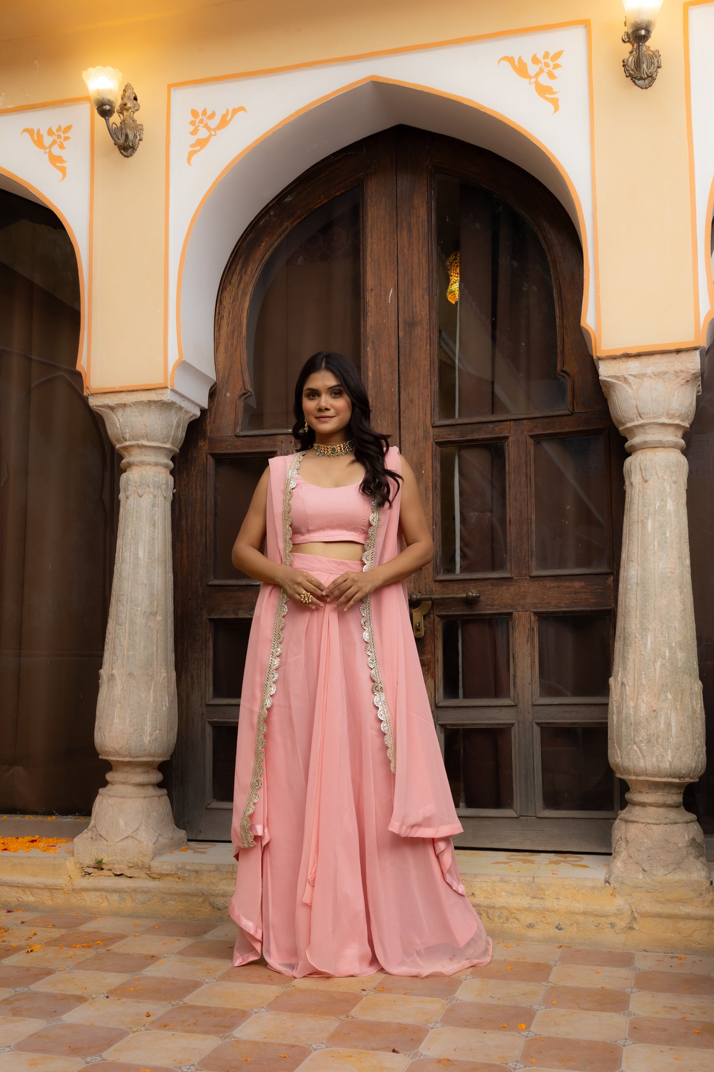 RAINA SALMON PINK 3 PIECE SHRUG SET Deasha India