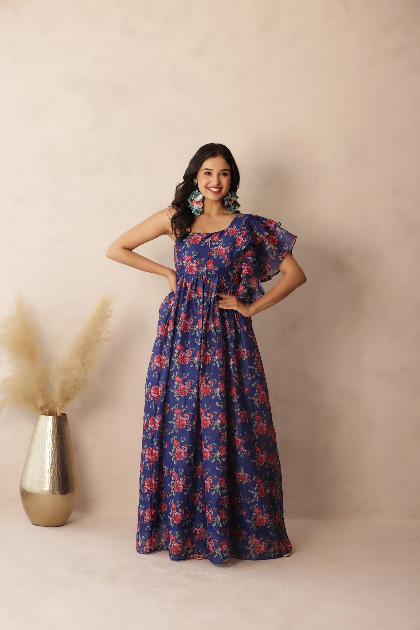 STELLA DARK BLUE FLORAL PRINTED ONE SHOULDER DRESS