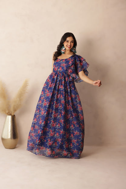 STELLA DARK BLUE FLORAL PRINTED ONE SHOULDER DRESS
