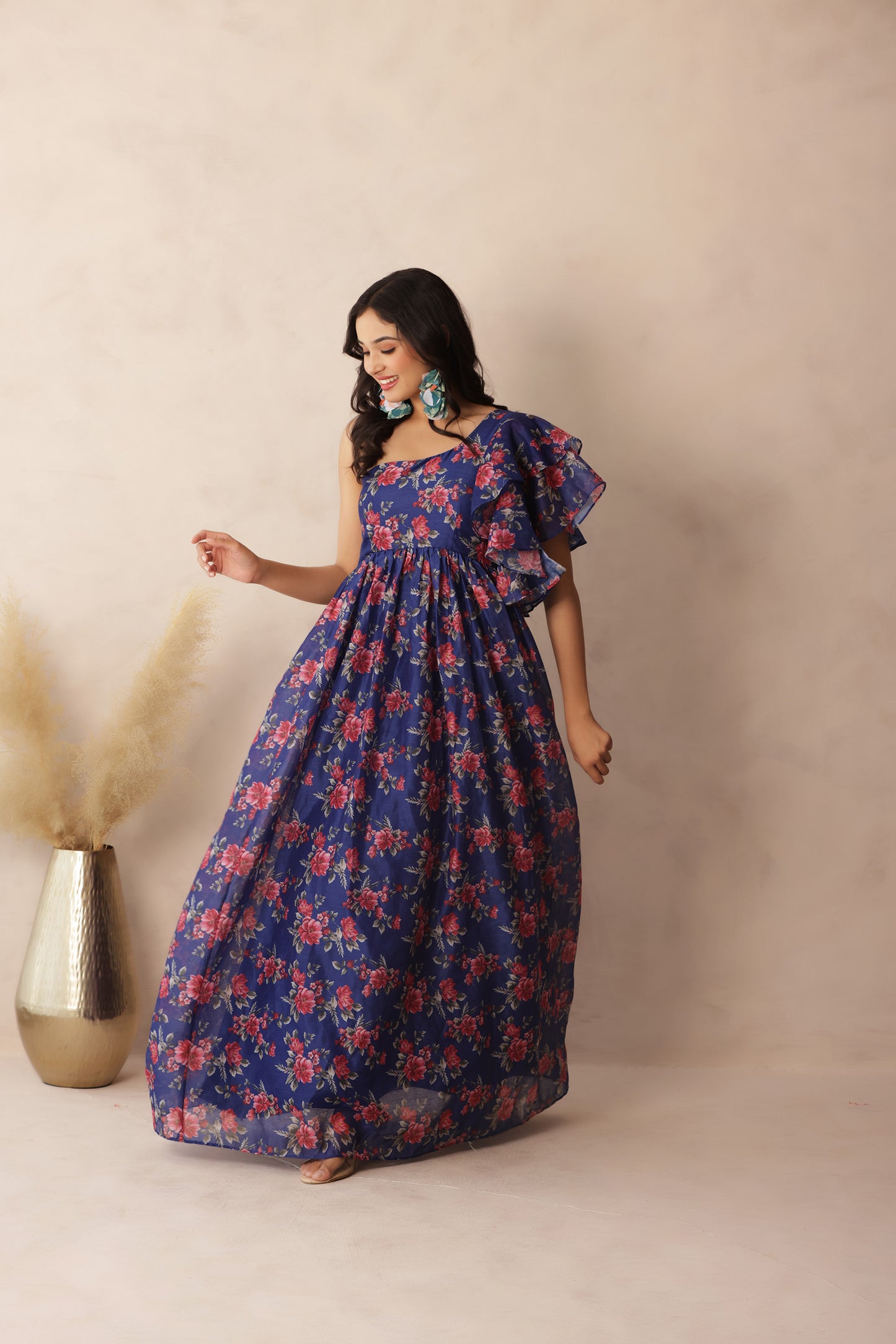 STELLA DARK BLUE FLORAL PRINTED ONE SHOULDER DRESS