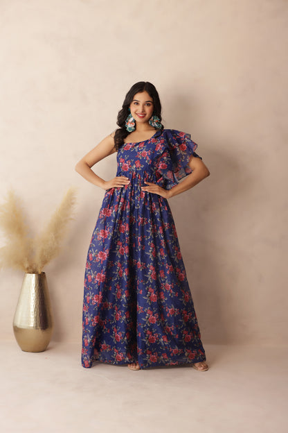 STELLA DARK BLUE FLORAL PRINTED ONE SHOULDER DRESS