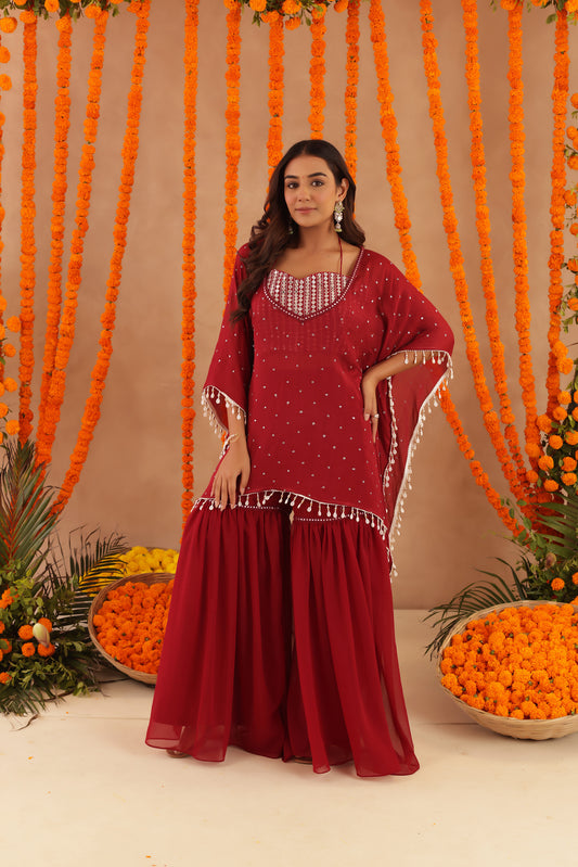 KIMAYA RED KAFTAN SHARARA SET