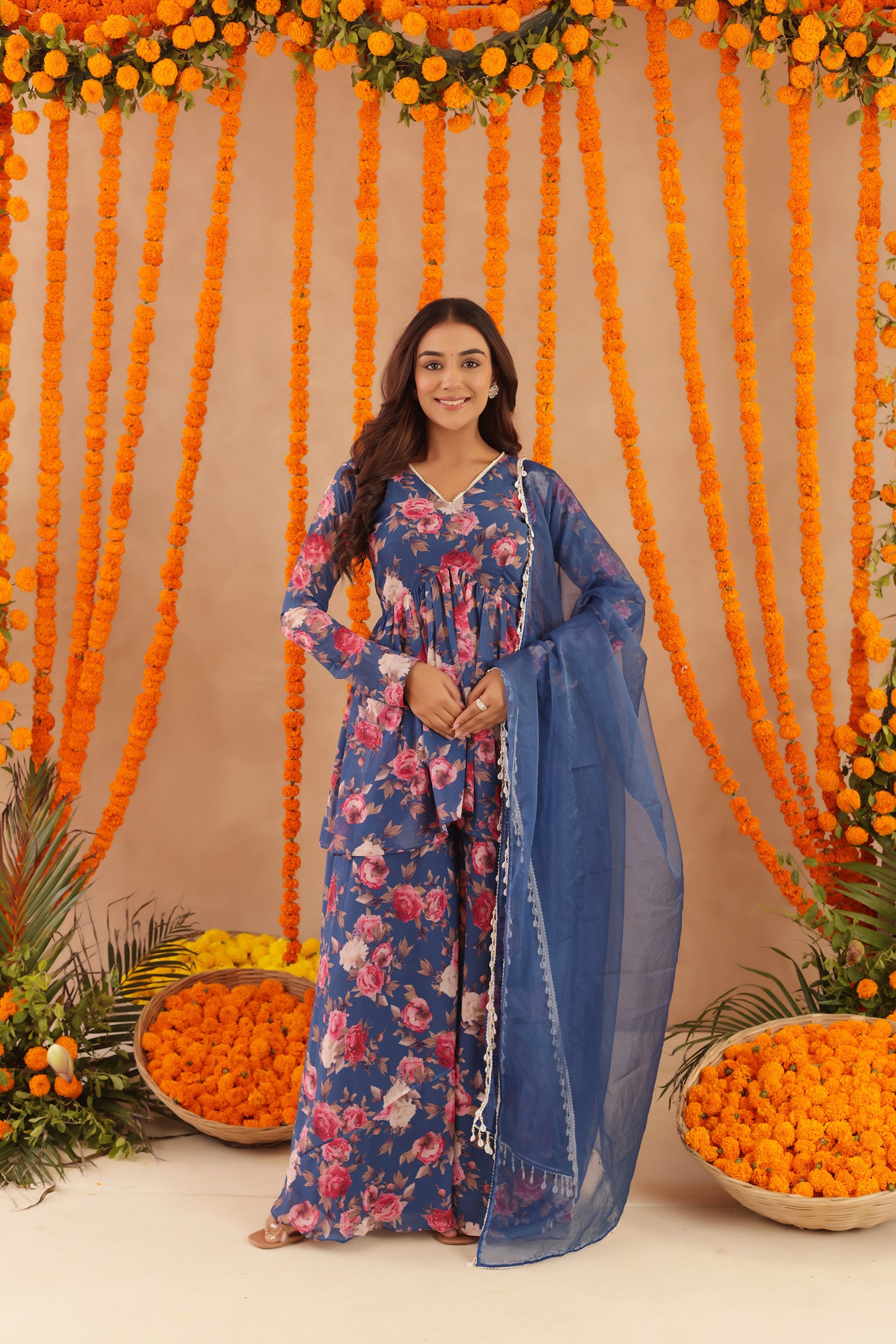 VEERA BLUE FLORAL PRINTED PALAZZO SET