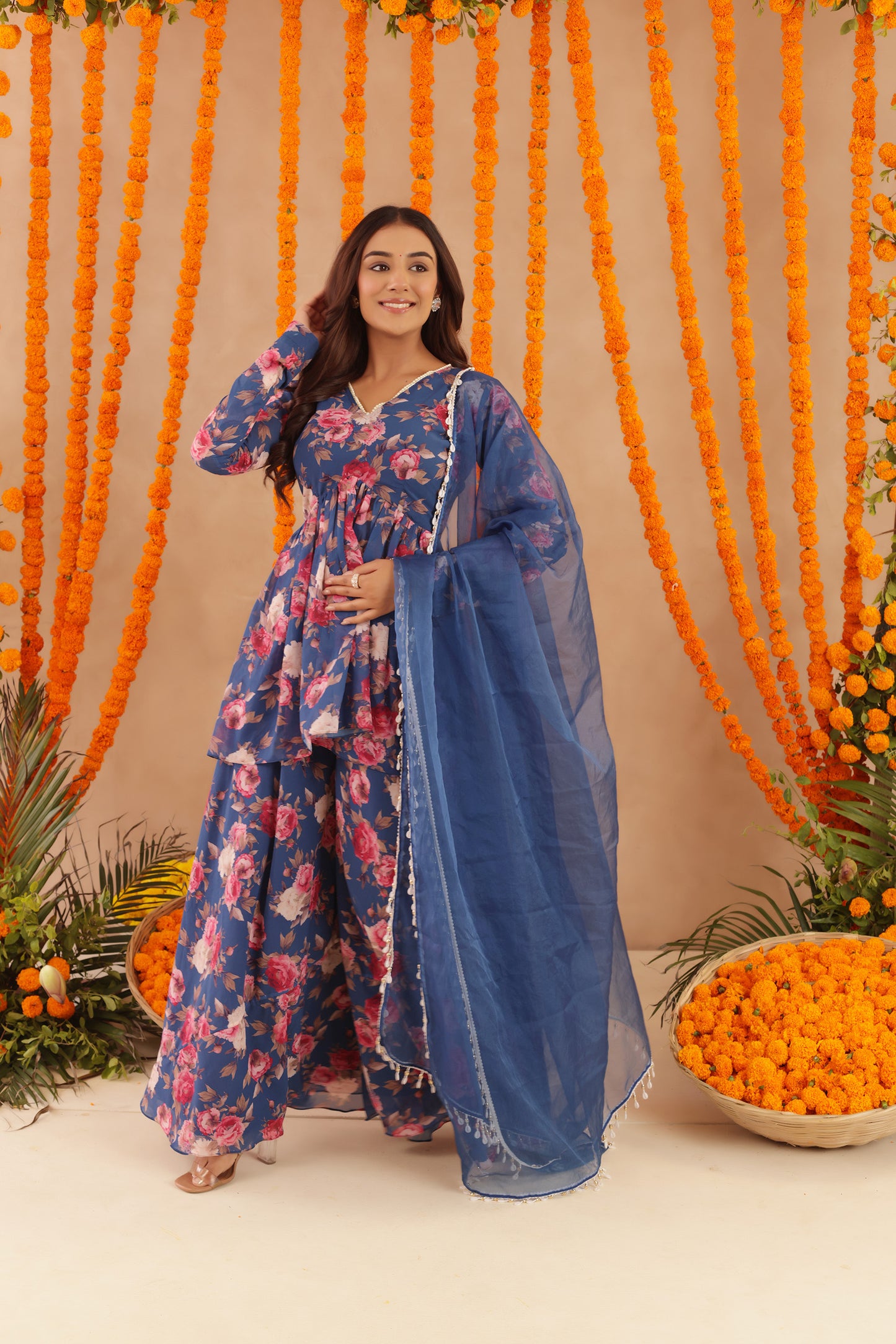 VEERA BLUE FLORAL PRINTED PALAZZO SET