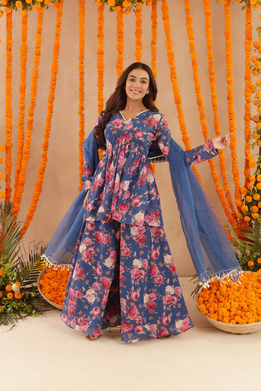 VEERA BLUE FLORAL PRINTED PALAZZO SET