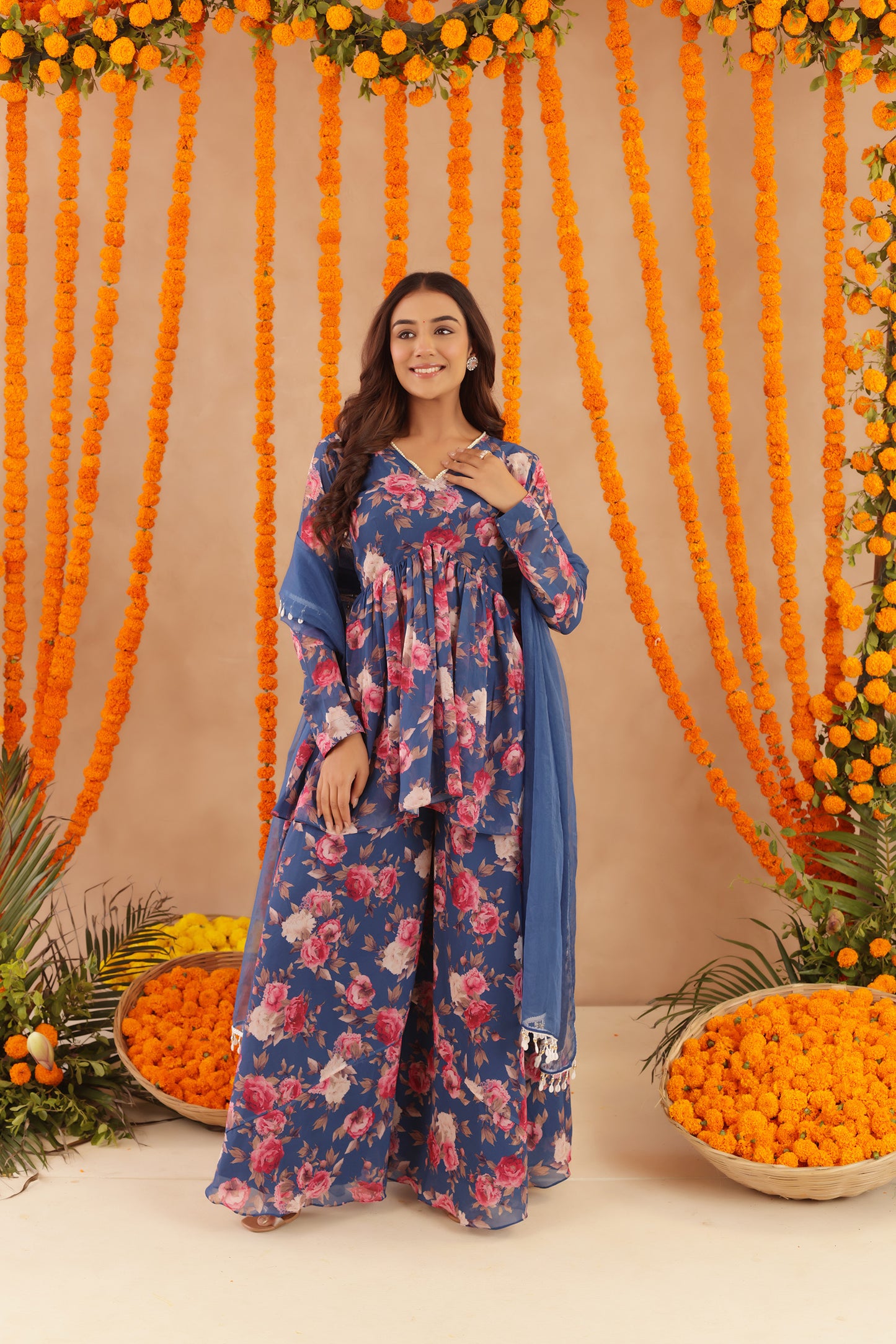 VEERA BLUE FLORAL PRINTED PALAZZO SET