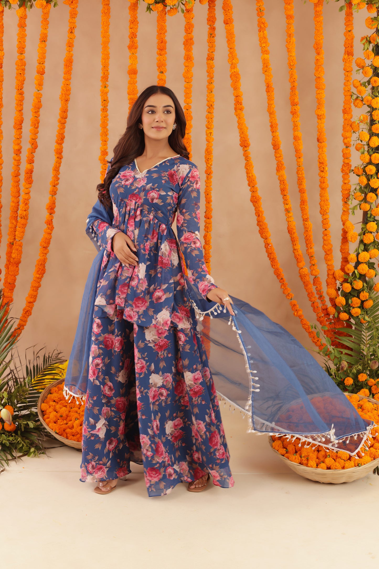 VEERA BLUE FLORAL PRINTED PALAZZO SET