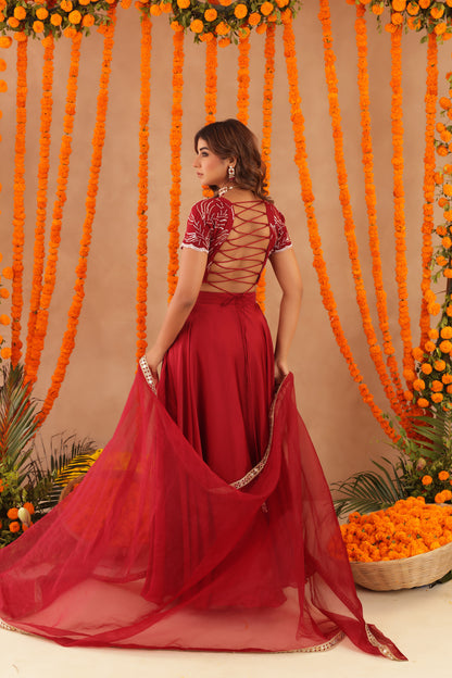RASHA RED DETAILED LEHENGA SET