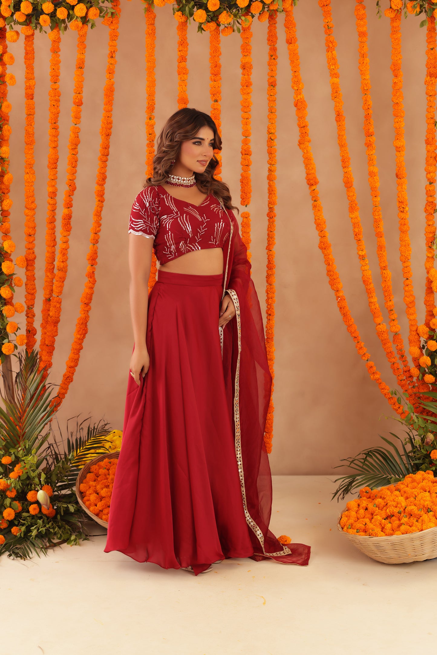 RASHA RED DETAILED LEHENGA SET