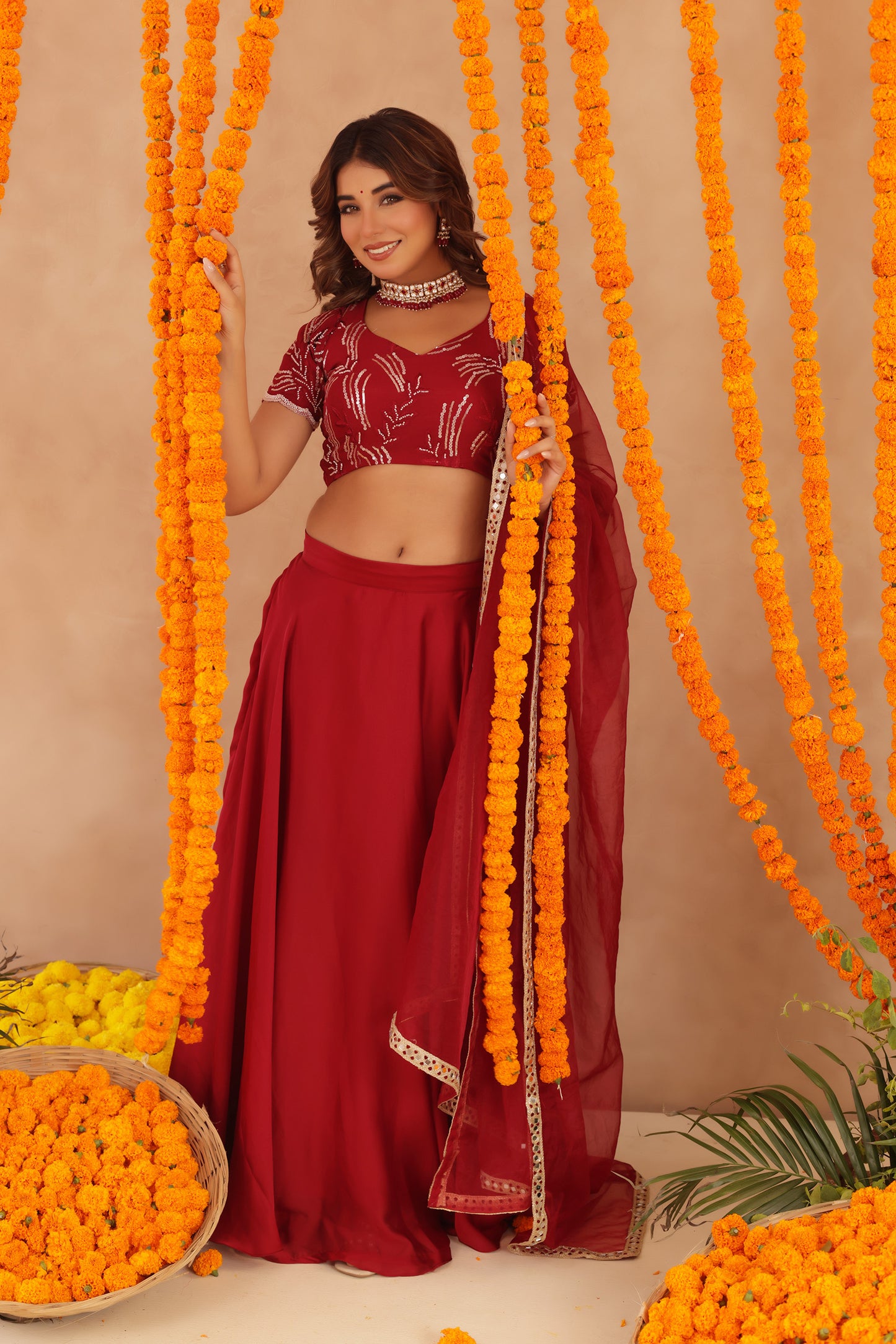 RASHA RED DETAILED LEHENGA SET