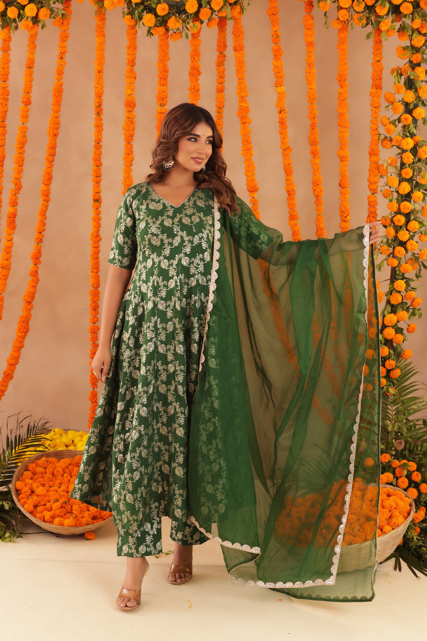 GUL GREEN BROCADE ANARKALI SET