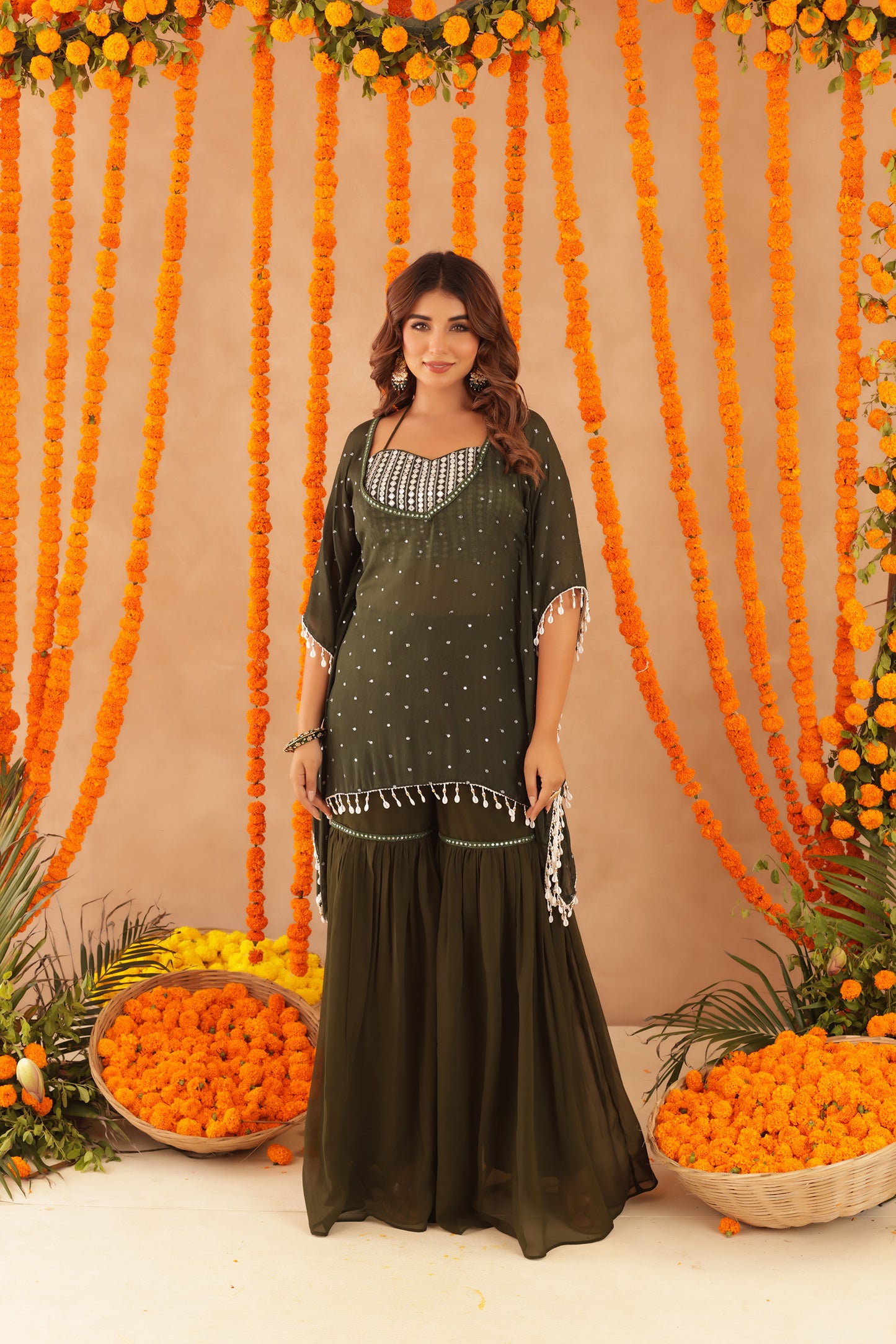 SAMAYA GREEN DETAILED KAFTAN SHARARA SET