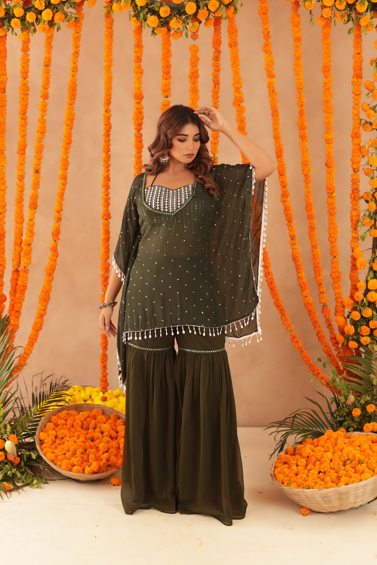 SAMAYA GREEN DETAILED KAFTAN SHARARA SET