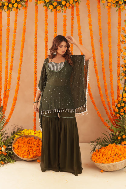 SAMAYA GREEN DETAILED KAFTAN SHARARA SET