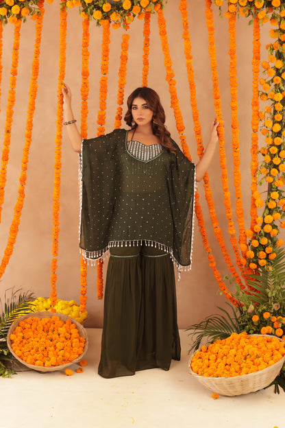 SAMAYA GREEN DETAILED KAFTAN SHARARA SET