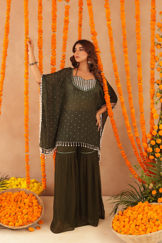 SAMAYA GREEN DETAILED KAFTAN SHARARA SET