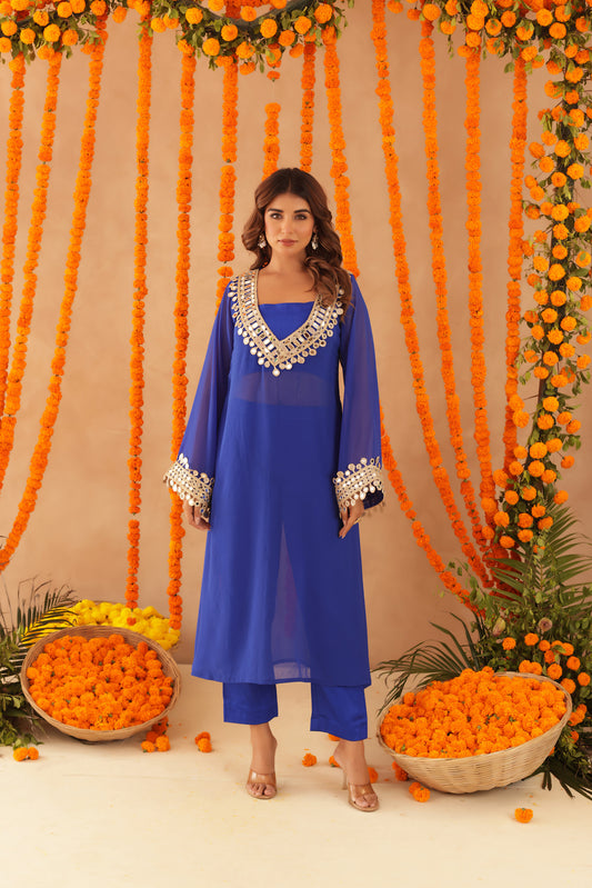 MOUSMI ROYAL BLUE MIRROR LACE WORK FUSION SET