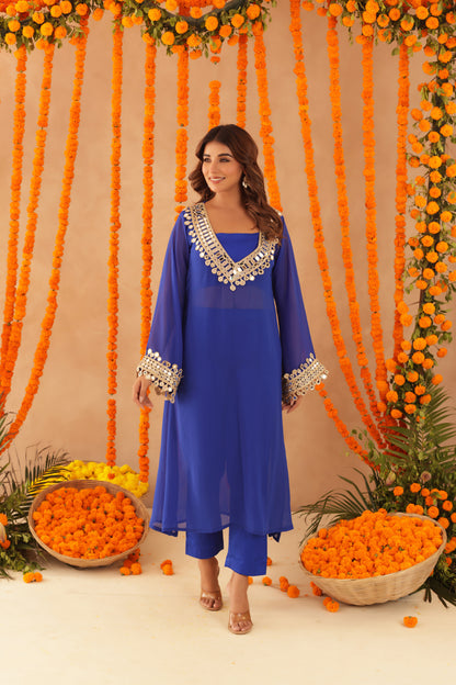 MOUSMI ROYAL BLUE MIRROR LACE WORK FUSION SET