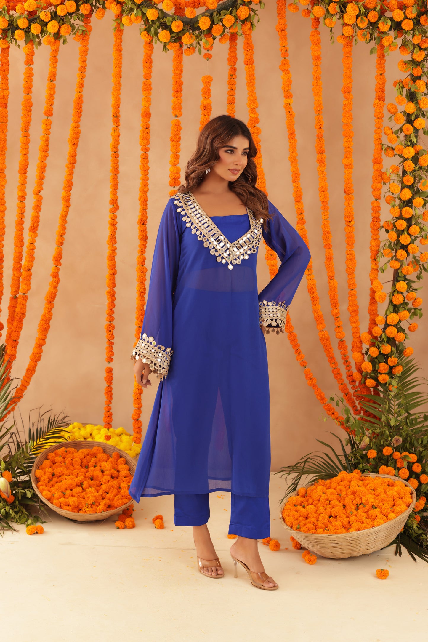 MOUSMI ROYAL BLUE MIRROR LACE WORK FUSION SET