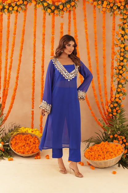 MOUSMI ROYAL BLUE MIRROR LACE WORK FUSION SET