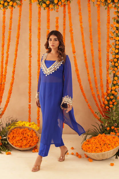 MOUSMI ROYAL BLUE MIRROR LACE WORK FUSION SET