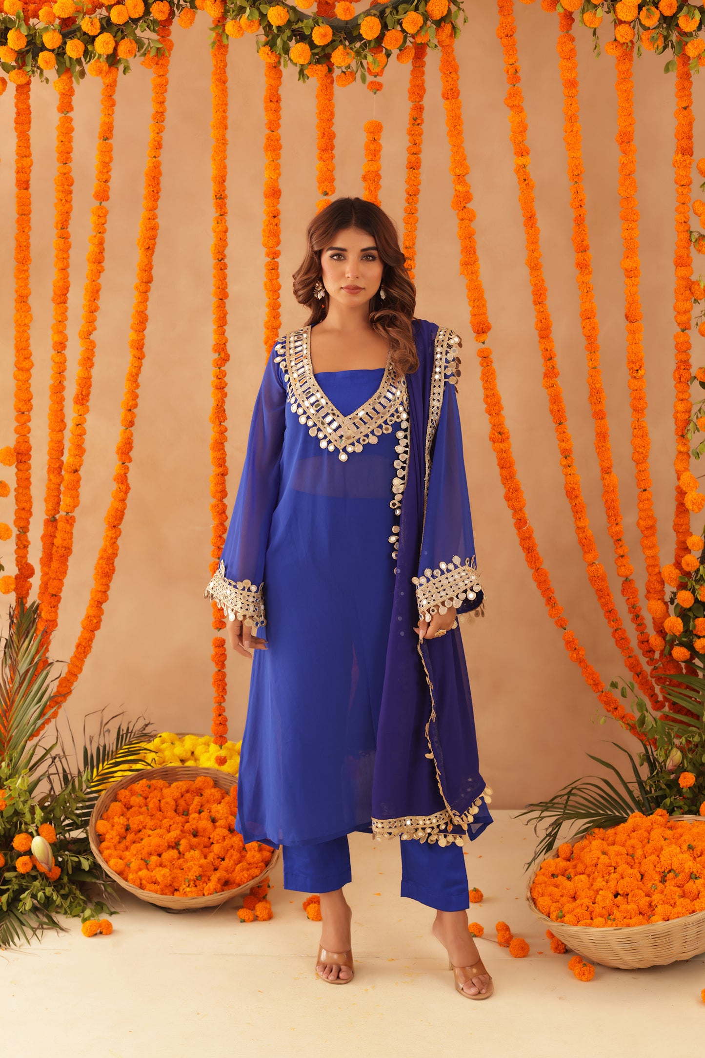 MOUSMI ROYAL BLUE MIRROR LACE WORK FUSION SET